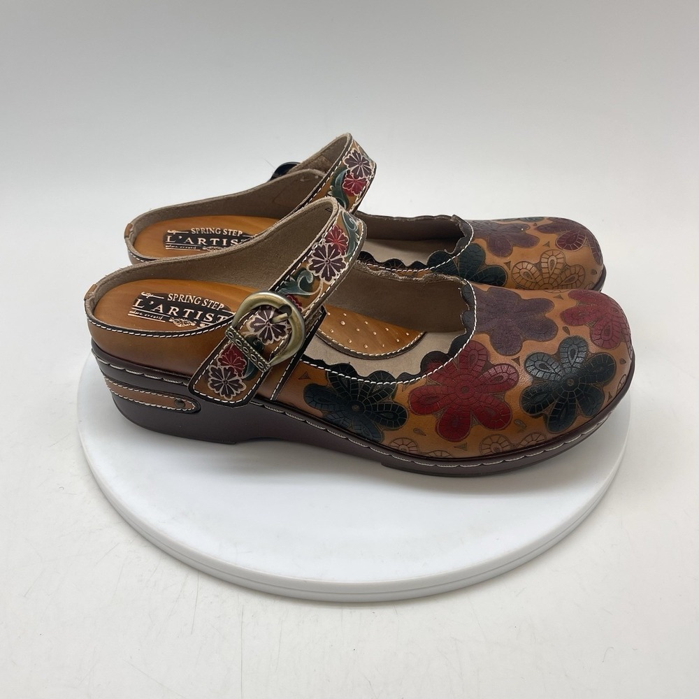 L'Artiste by Spring Step Flochino Mules Womens 40 9 US Brown Leather Floral Clog